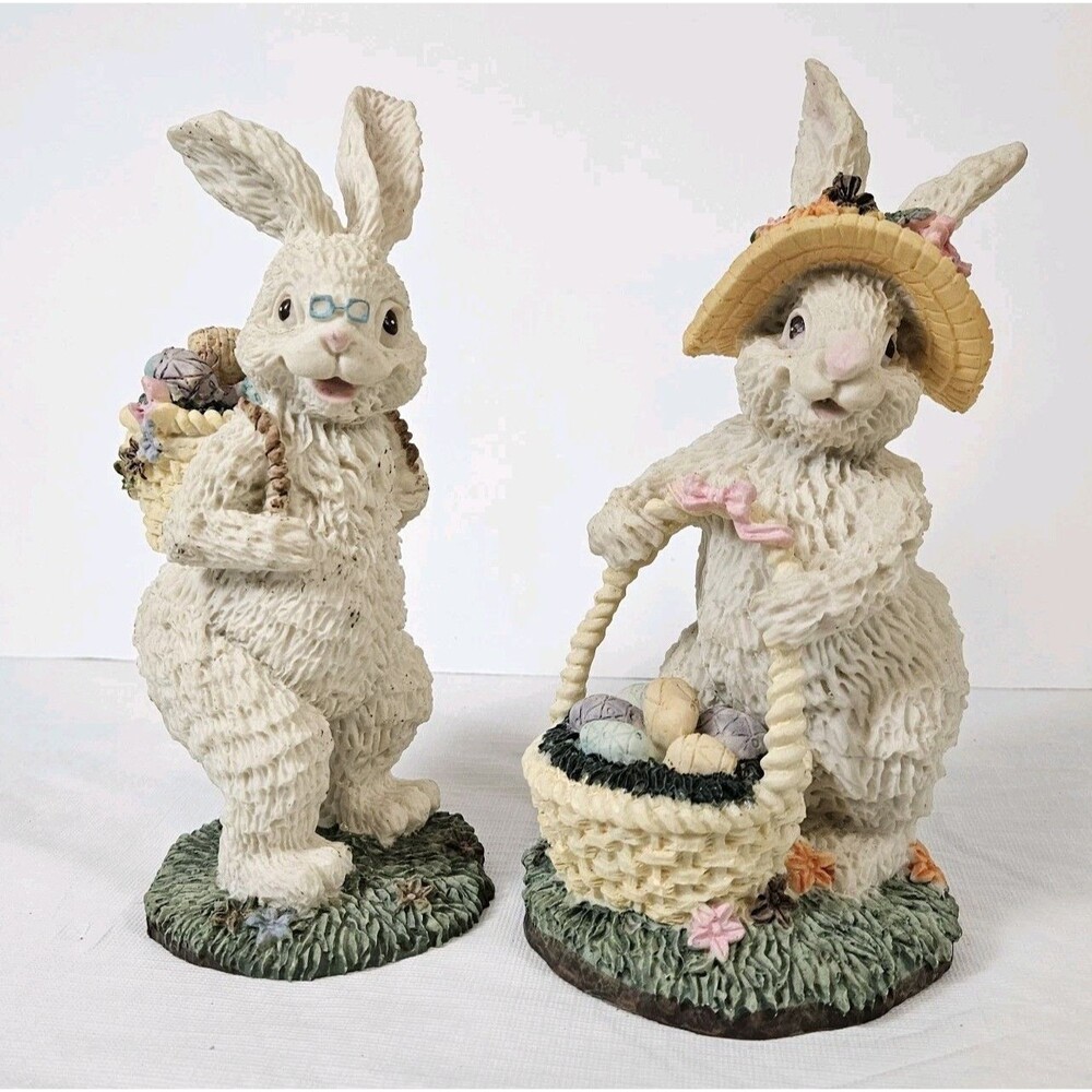 Vintage Easter Bunnies Pair Couple Collection Resin figurines Basket of Eggs - Picture 3 of 15